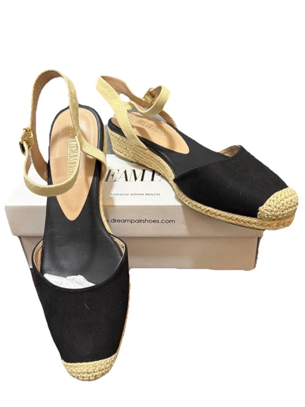 🆕Dream Pairs Black & Tan Espadrille Slingback Wedges Jute Platform Summer 7.5